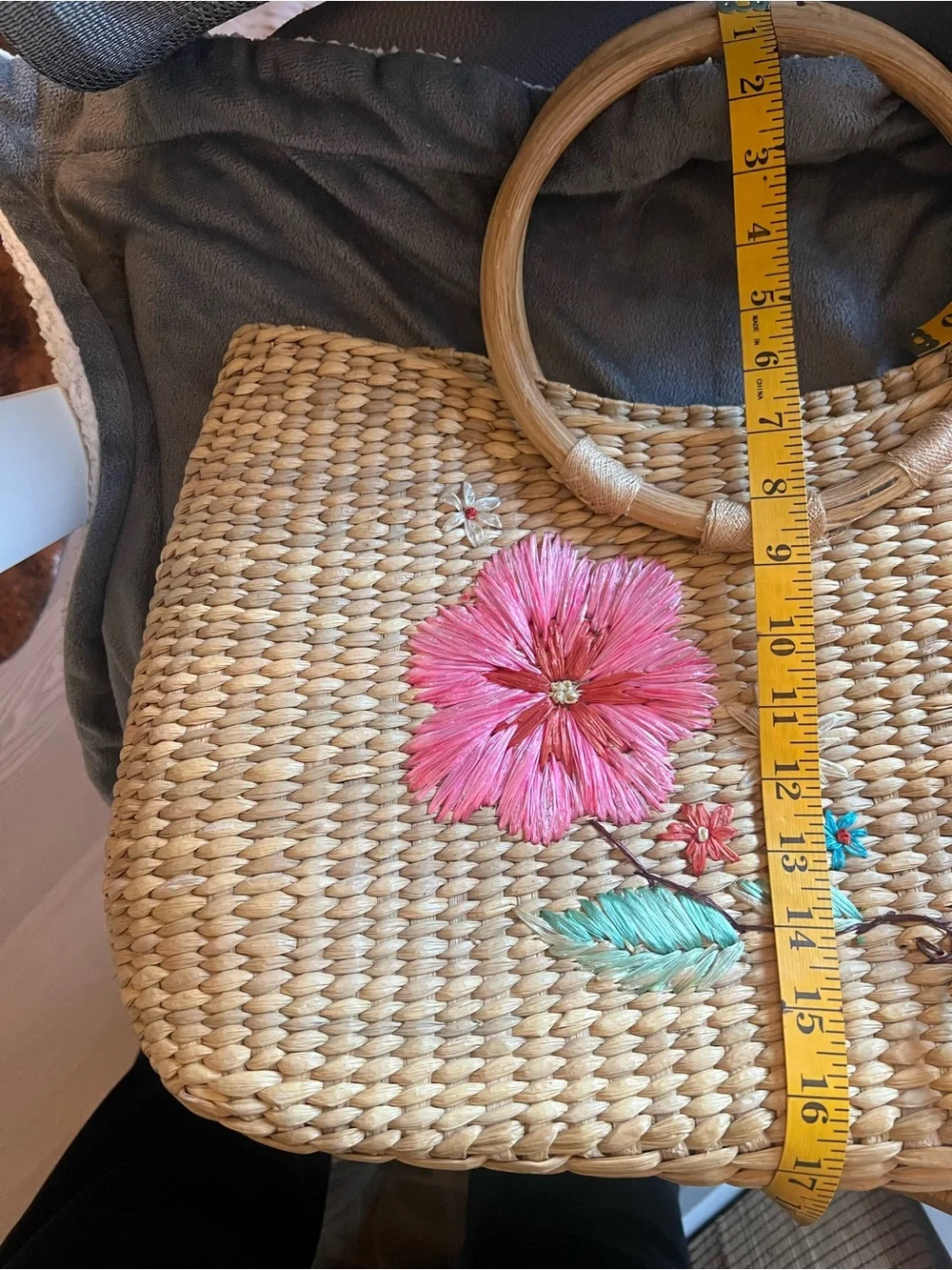 Vintage 70s Straw Woven Tote | Floral + Butterfly Deco-Bamboo Handles | Boho Bag - Picture 4 of 12